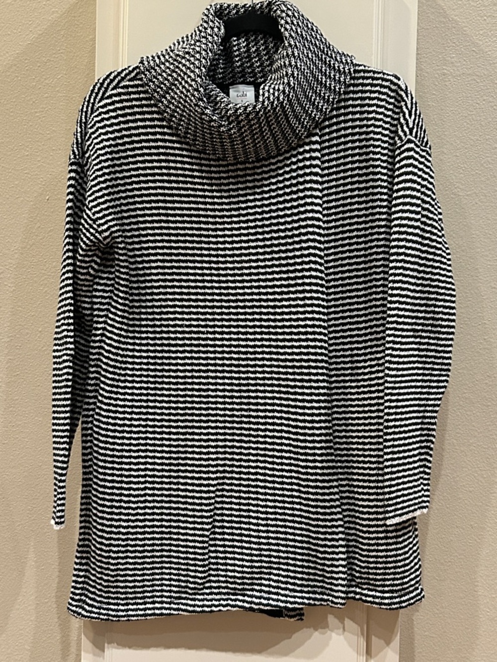 CAbi Black & White Striped Cowl Neck Sweater